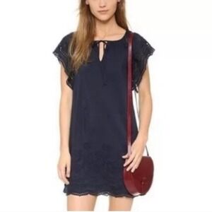 Madewell Navy Blue Eyelet Dress Tie Neck Short Sleeve Casual XS‎